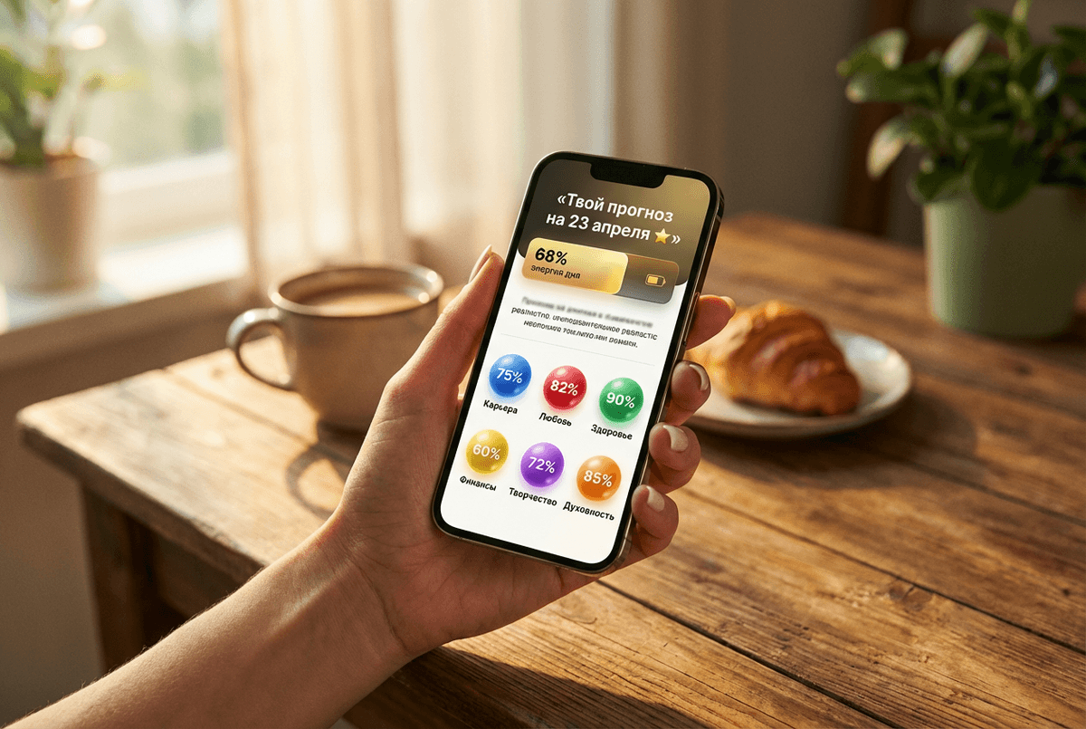 Daily forecast on a phone — 6 life areas, daily energy score