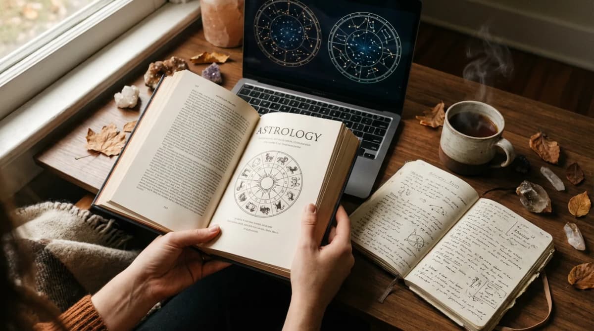 An astrology book and a laptop with star charts