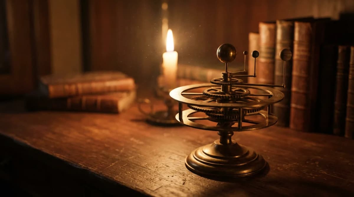 An antique astronomical instrument on a wooden desk