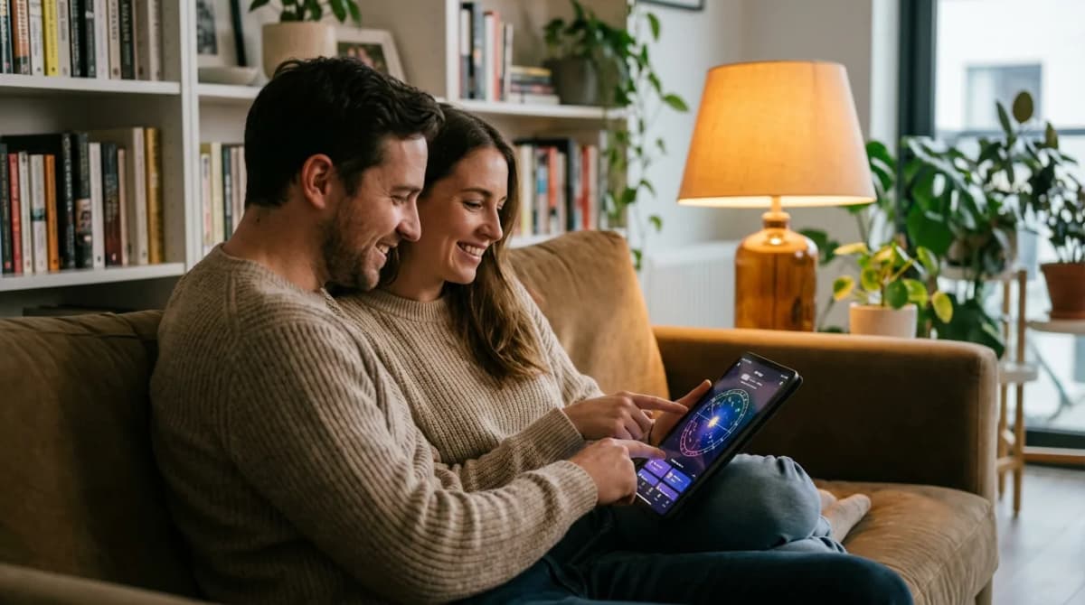 A couple exploring astrology together on a tablet