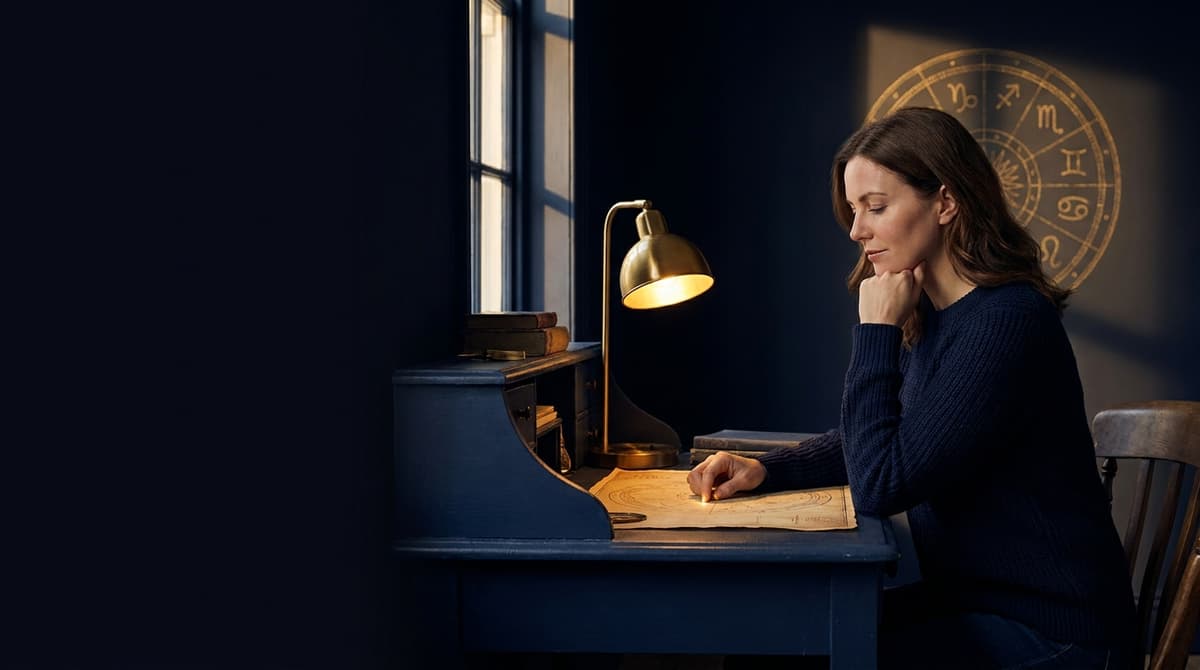 A woman at a desk in warm evening light, the quiet moment a birth time is finally found
