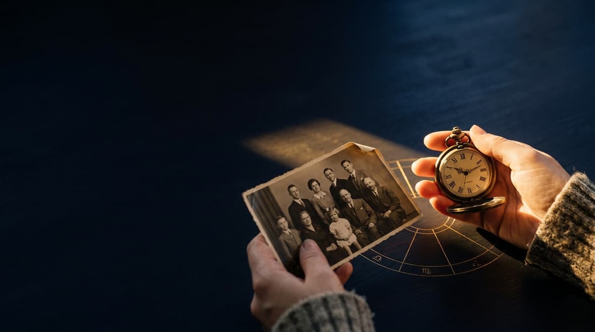 Hands holding an old family photograph and a vintage pocket watch over a faint chart engraved on a dark table