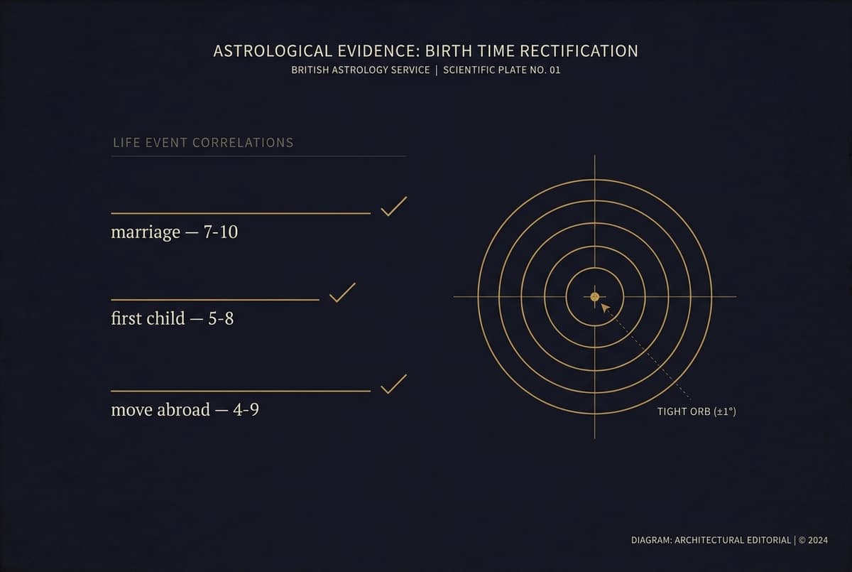 Evidence diagram: life events each matched to a symbolic formula with a tight orb landing near the bullseye