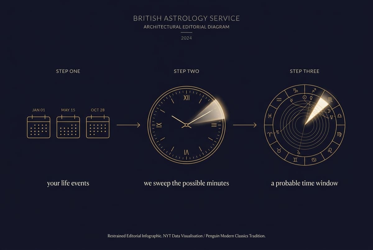 Three-step diagram: your dated life events, the engine sweeping the possible minutes, and a probable time window
