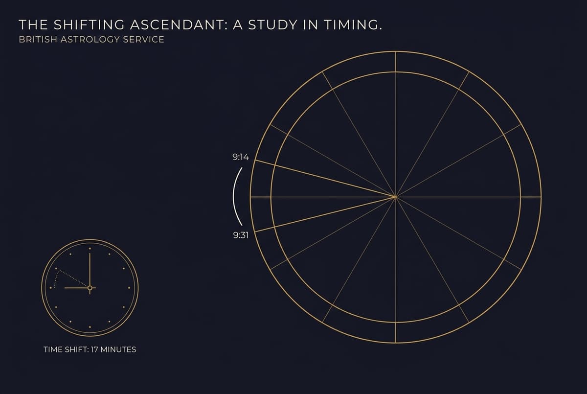 A chart wheel showing the ascendant line sliding between two zodiac signs as the clock moves from 9:14 to 9:31