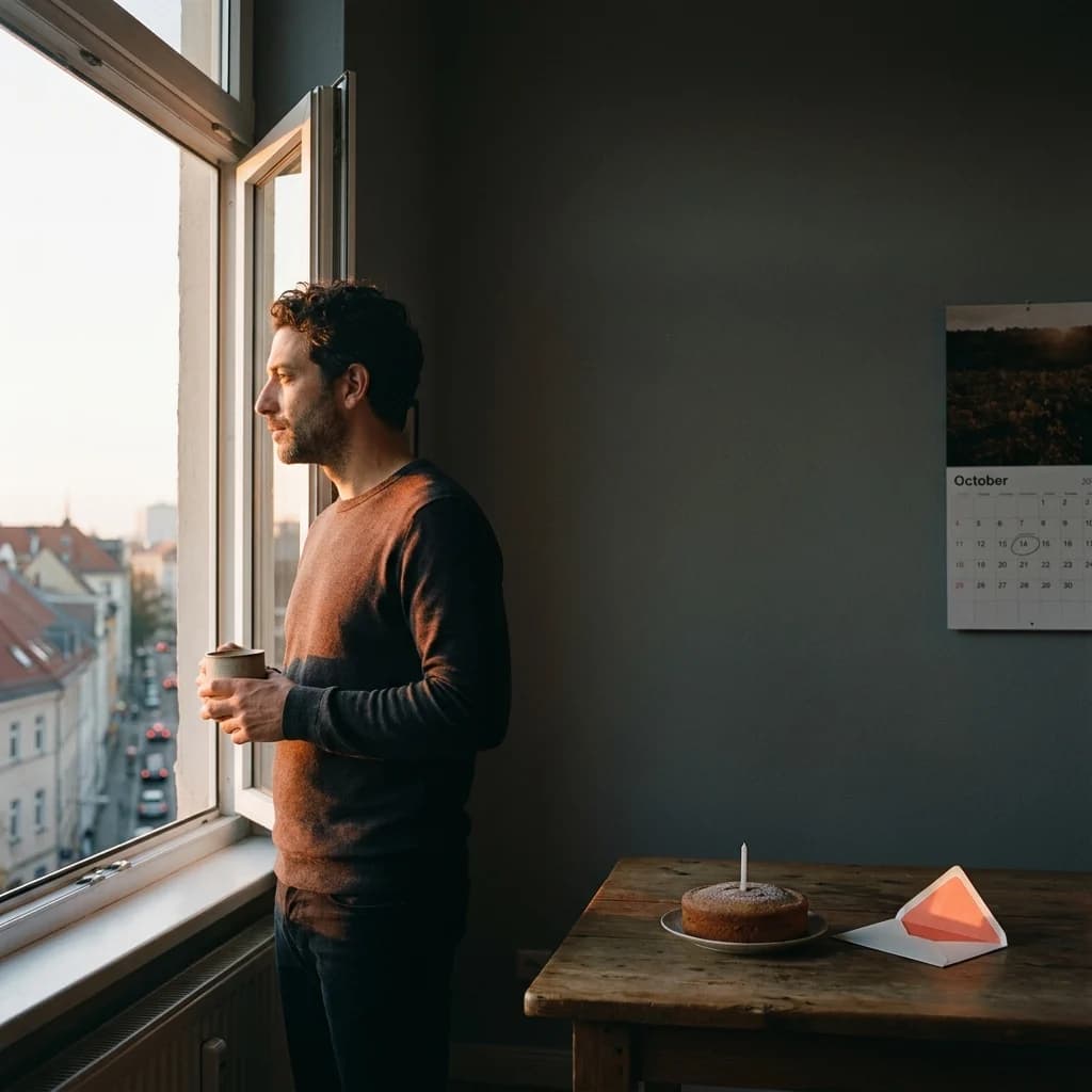 A man at a window on his birthday, cake on the table