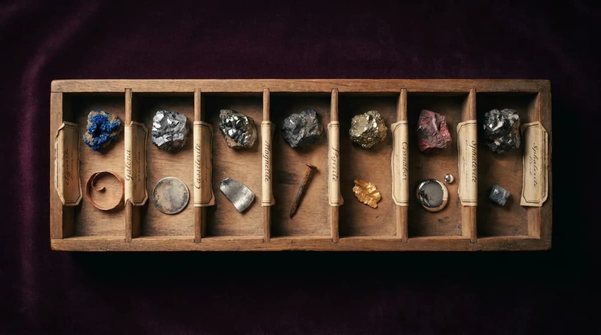 A mineralogist's wooden tray: ore samples and pieces of metal in their cells