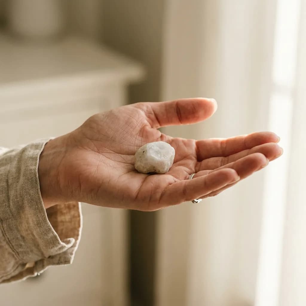 An open palm holding a rough moonstone