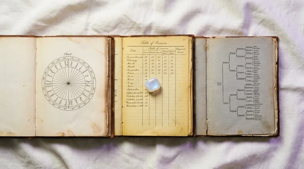 Three old books open at different correspondence tables