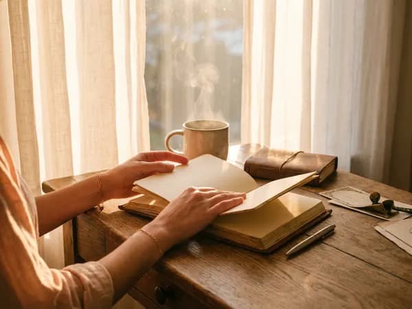 A notebook and coffee on a sunlit desk