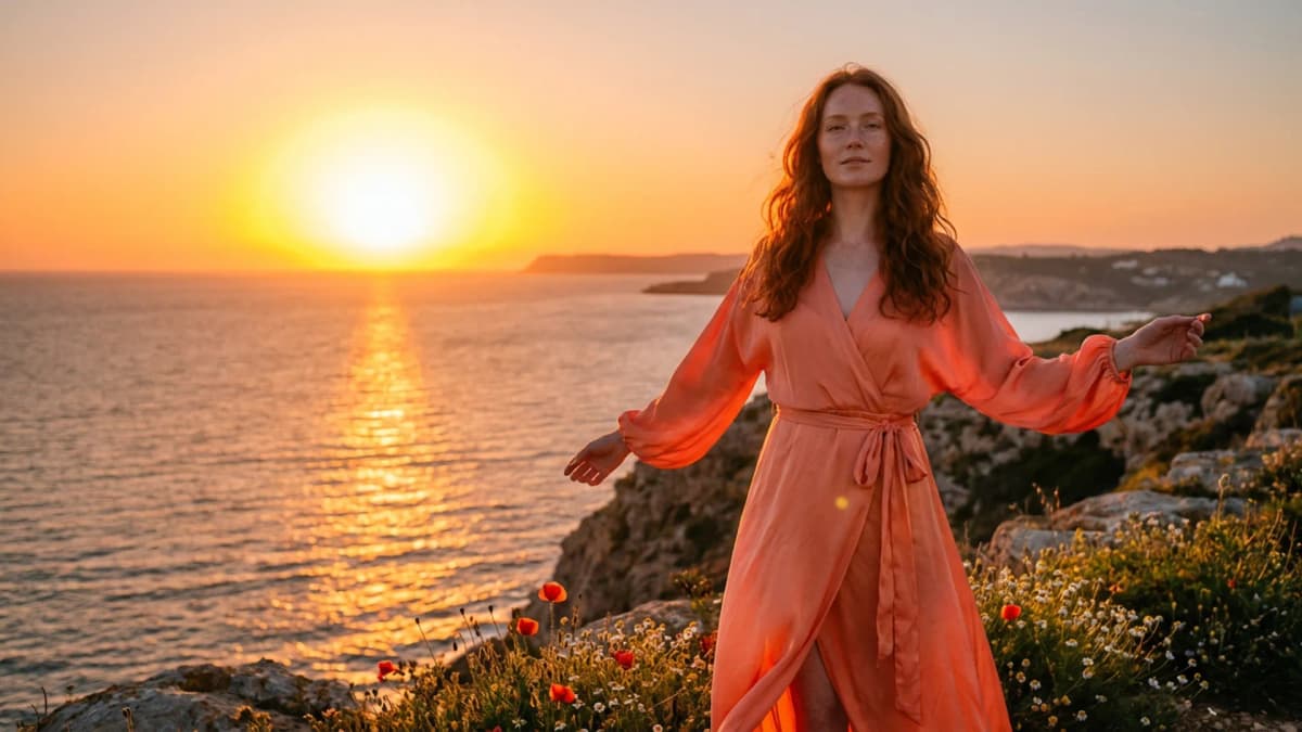 A woman watching the dawn from a Mediterranean coast