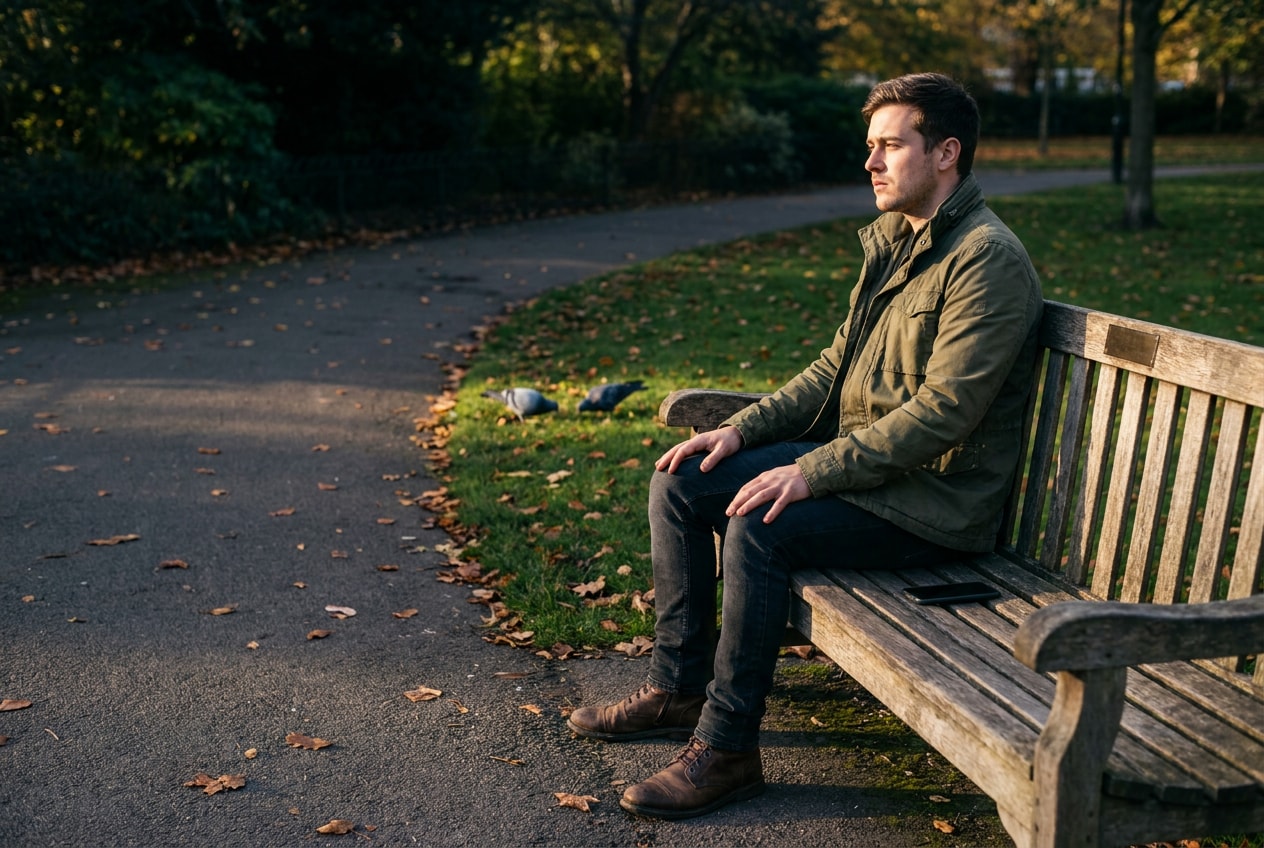 A British man in his late twenties sitting on a wooden park bench in late afternoon, phone lying face-down beside him on the bench, hands empty on his thighs, looking out across the lawn at two pigeons, warm low-angle autumn light, expression of quiet self-discipline