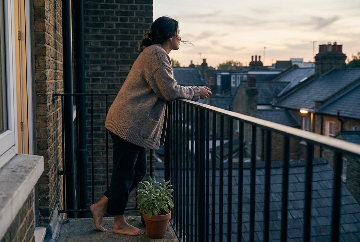 A British-Latino woman in her mid-thirties on a small UK flat balcony at early evening, leaning her forearms on the iron railing and looking out across the rooftops, oversized natural-wool cardigan in warm taupe, a small terracotta sage plant beside her bare foot, dusky sky beyond