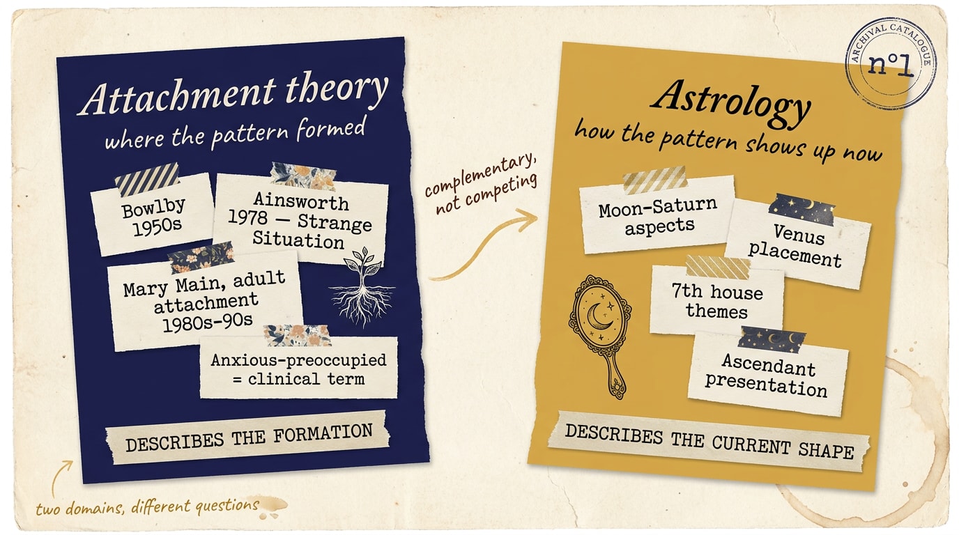 A New Yorker / FT Weekend Magazine editorial collage infographic on warm cream paper, two overlapping torn paper rectangles in warm navy and amber comparing 'Attachment Theory — where the pattern formed' (with note cards naming Bowlby 1950s, Ainsworth 1978, Mary Main 1980s-90s) and 'Astrology — how the pattern shows up now' (with note cards naming Moon-Saturn, Venus, 7th house, Ascendant), connected by a faint amber arrow with the handwritten label 'complementary, not competing'