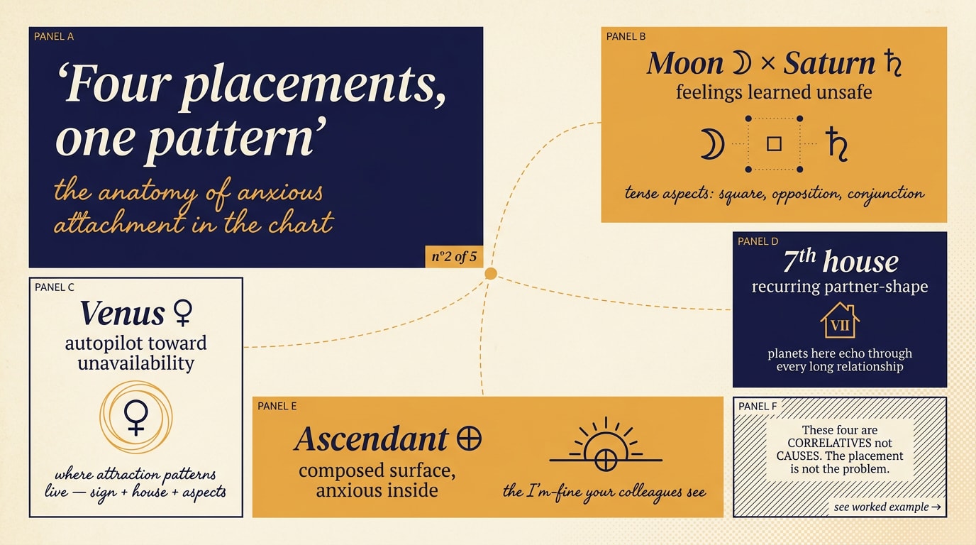 A NotebookLM-style bento-grid editorial infographic on warm cream paper with six asymmetric packed panels: a large navy header panel 'Four placements, one pattern — the anatomy of anxious attachment', and five smaller panels detailing Moon-Saturn aspects (feelings learned unsafe), Venus (autopilot toward unavailability), 7th house (recurring partner-shape), Ascendant (composed surface, anxious inside), plus a connector panel reminding that these four are correlatives not causes, with thin dashed amber lines weaving between them