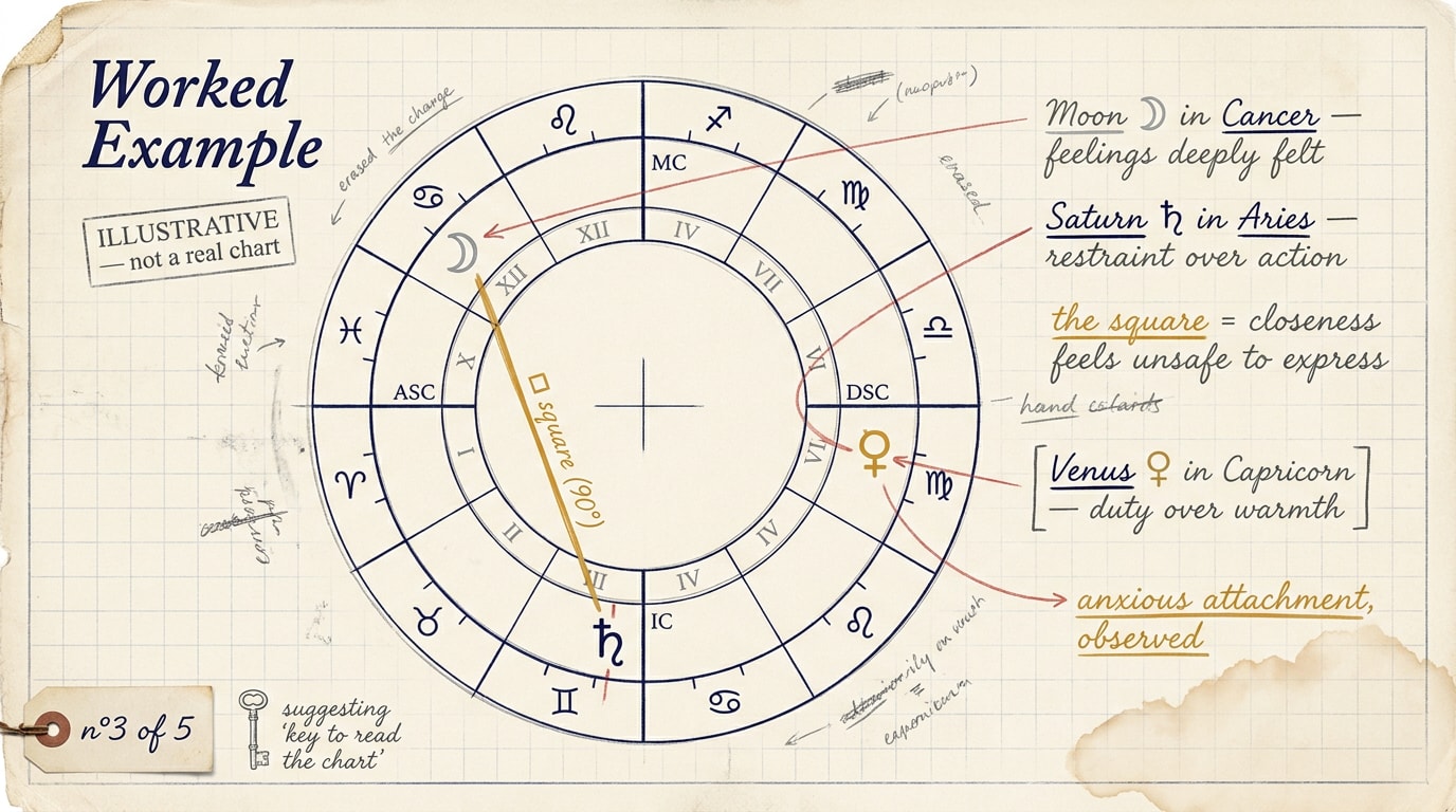 A hand-drawn architectural blueprint of an astrological chart wheel on aged ivory paper with faint blue grid-lines, showing Moon in early Cancer connected by a bold amber square aspect line to Saturn in early Aries, Venus in mid Capricorn, with pencil-cursive margin notes on the right explaining each placement and a hand-stamped 'ILLUSTRATIVE — not a real chart' tag in the top-left corner