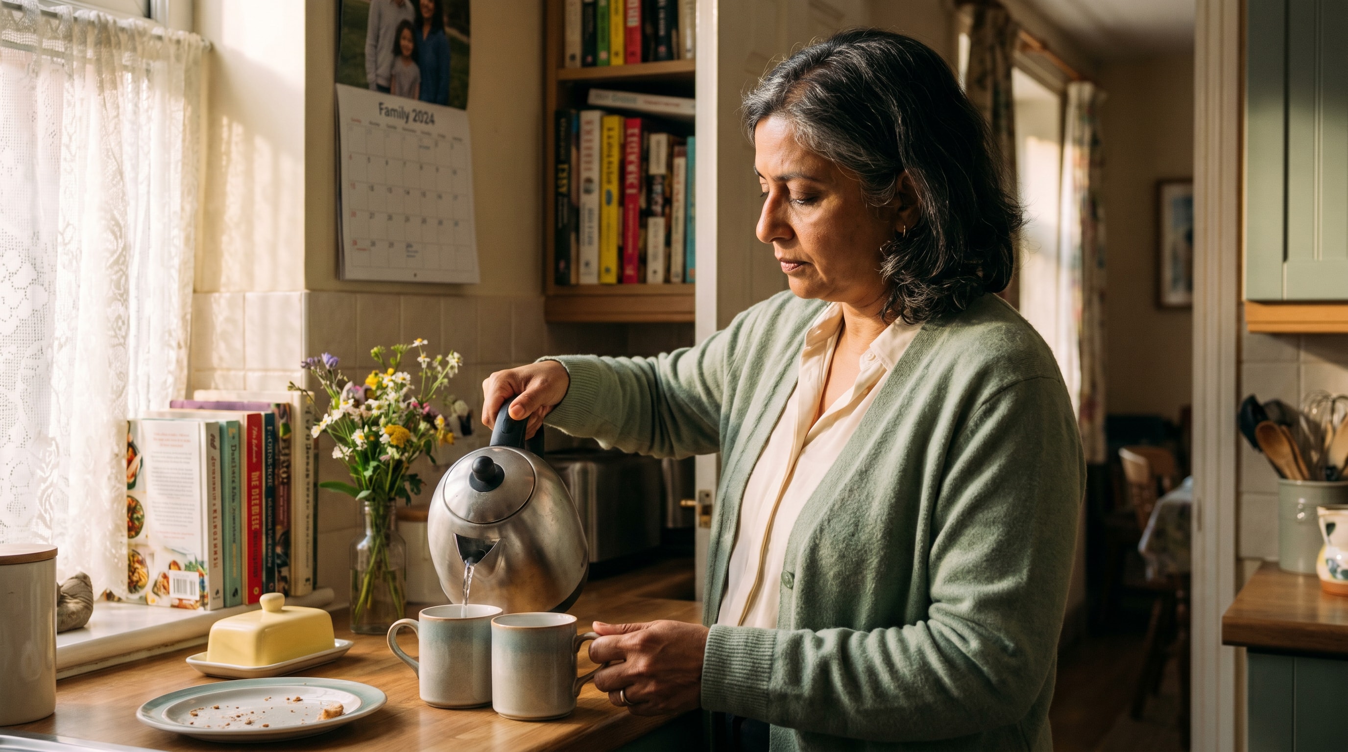 A 40-year-old East Asian heritage woman in community pottery class, wearing apron over shirt, cleaning hands with cloth, looking at wheel, soft natural editorial lighting