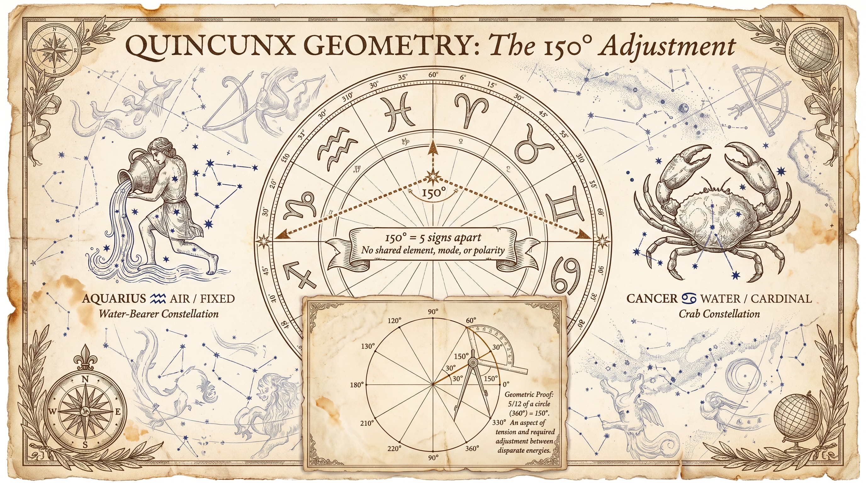 Editorial infographic of a zodiac wheel with Cancer and Aquarius highlighted, a thin gold line between them marked "150° quincunx", and a dashed grey line between Cancer and Capricorn marked "180° opposition" for comparison
