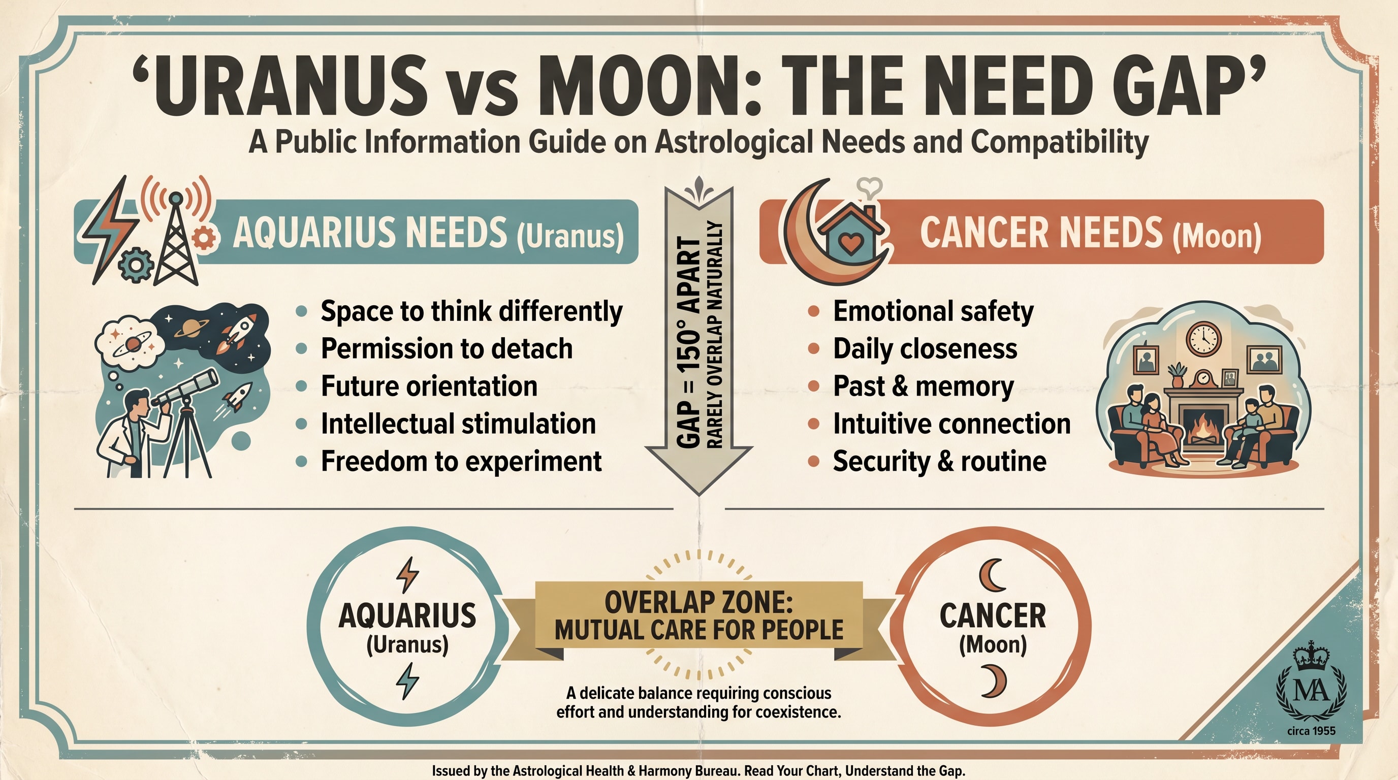 Editorial infographic with three horizontal axes labelled "Element", "Mode", and "Polarity", each showing Cancer at one end and Aquarius at the other end, illustrating that the two signs don't share a single structural category