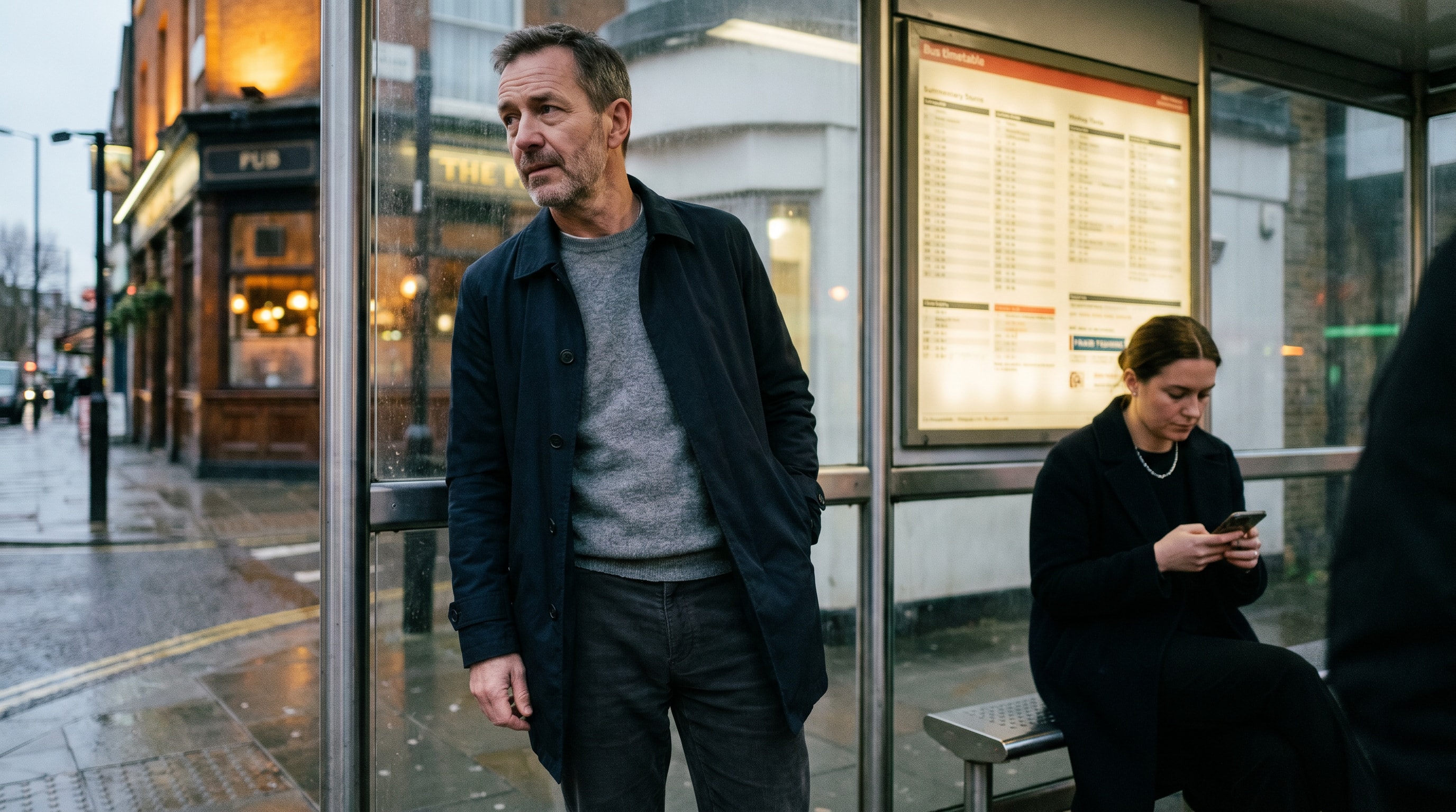 A 46-year-old man of White British heritage at a London bus stop late evening under a glass shelter, wearing an unstructured navy mac over a soft grey jumper, one hand loose at his side, the other lightly resting on the upright of the shelter, head turned slightly to one side mid-listen toward a woman seated on the small metal bench beside him who is looking down at her phone with the screen unlit, the bus timetable behind them softly illuminated, warm amber spill from a nearby corner-pub window meeting cool overcast street-light, the captured moment being the small pause just before one of them says the harder thing or chooses not to