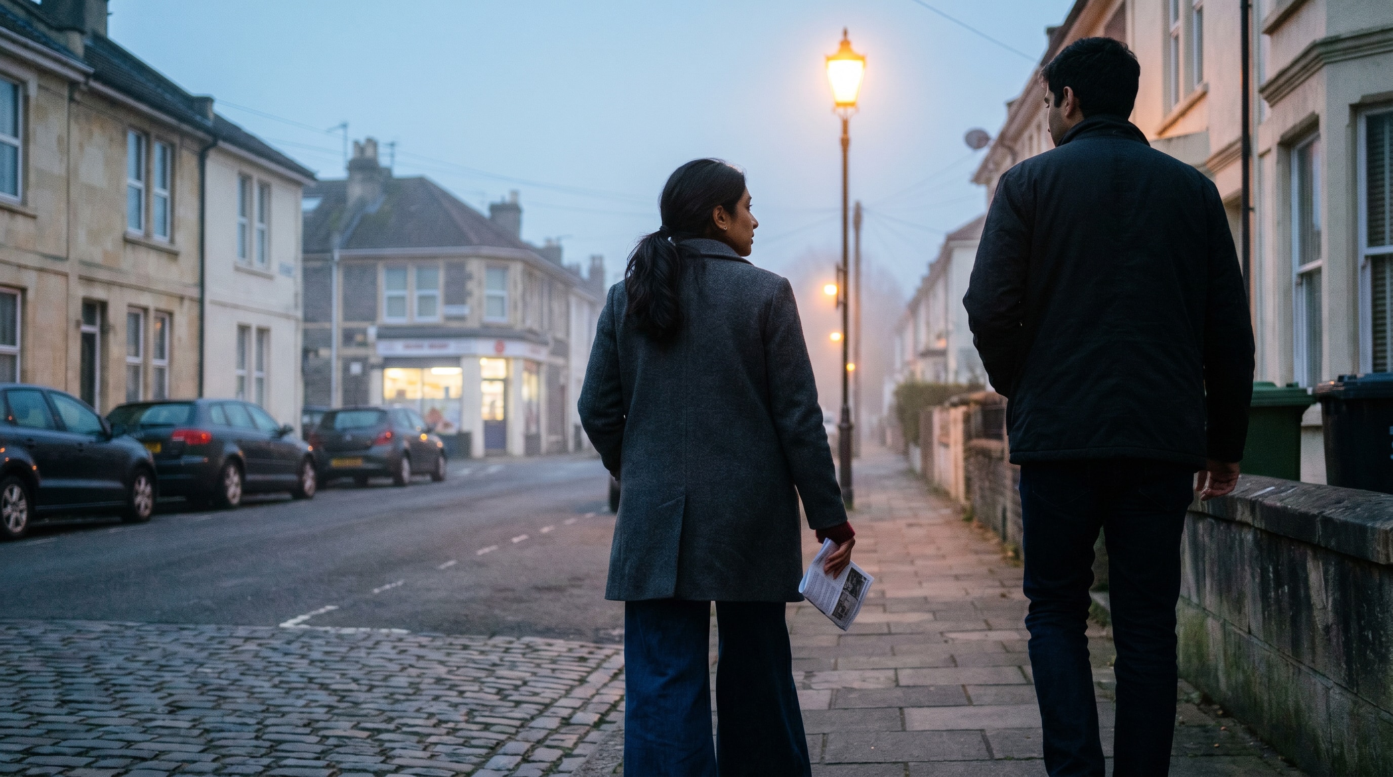 A 33-year-old woman of South Asian British heritage in a long charcoal coat over a soft burgundy jumper walking alongside a second figure half a step behind down a quiet Bristol residential evening street toward a softly lit corner shop in the distance, rear three-quarter view, no faces visible, one hand carrying a small folded committee paper, the evening air autumn-cool, parked cars and a low garden wall at the side of frame