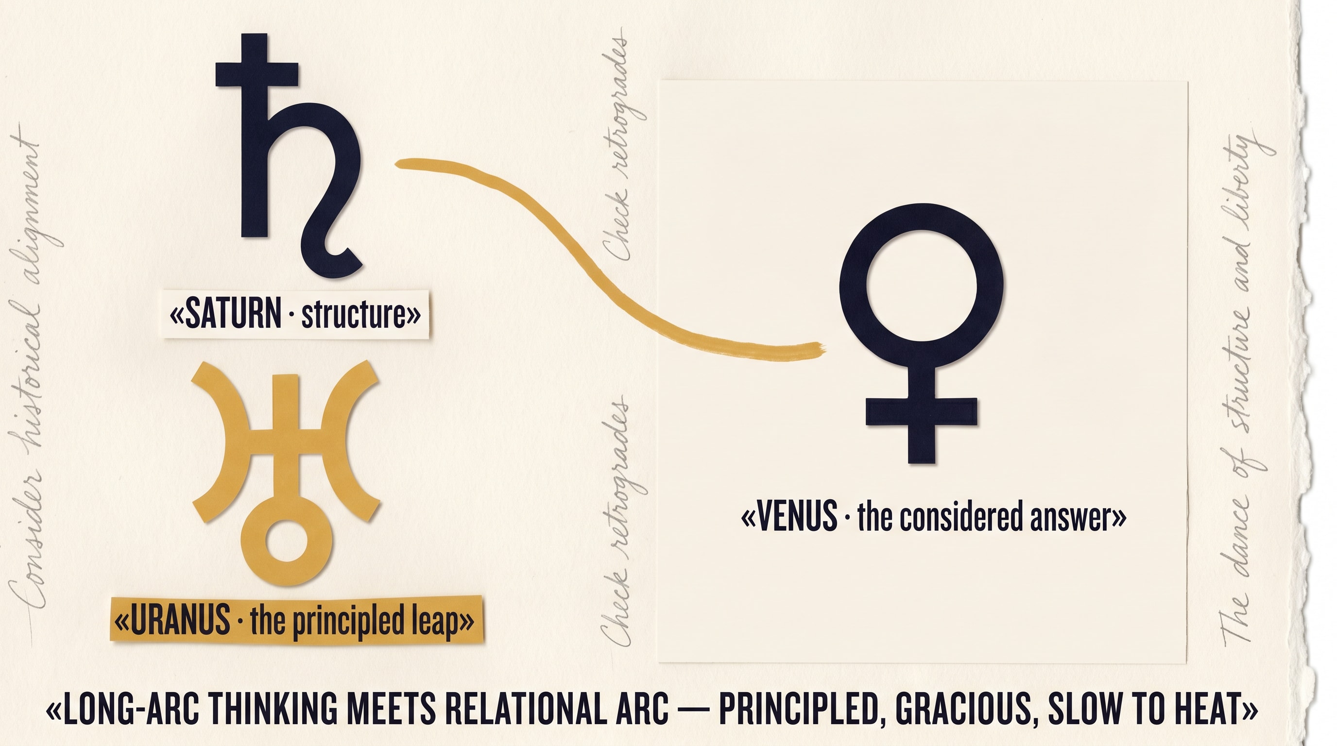 An editorial collage on warm-cream torn paper in a 3-colour palette of warm navy, amber and cream, with hand-cut shapes and visible adhesive shadow, showing the Saturn glyph upper-left in dark navy ink, the Uranus glyph just below it in slightly off-register amber, and the Venus glyph centred to the right in deep navy, each glyph labelled in tightly-tracked sans-serif caps with its domain — "SATURN · structure" / "URANUS · the principled leap" / "VENUS · the considered answer" — joined by a single hand-painted amber line from the Saturn-Uranus pair across to Venus, with a banner across the bottom in condensed caps reading "LONG-ARC THINKING MEETS RELATIONAL ARC — PRINCIPLED, GRACIOUS, SLOW TO HEAT"