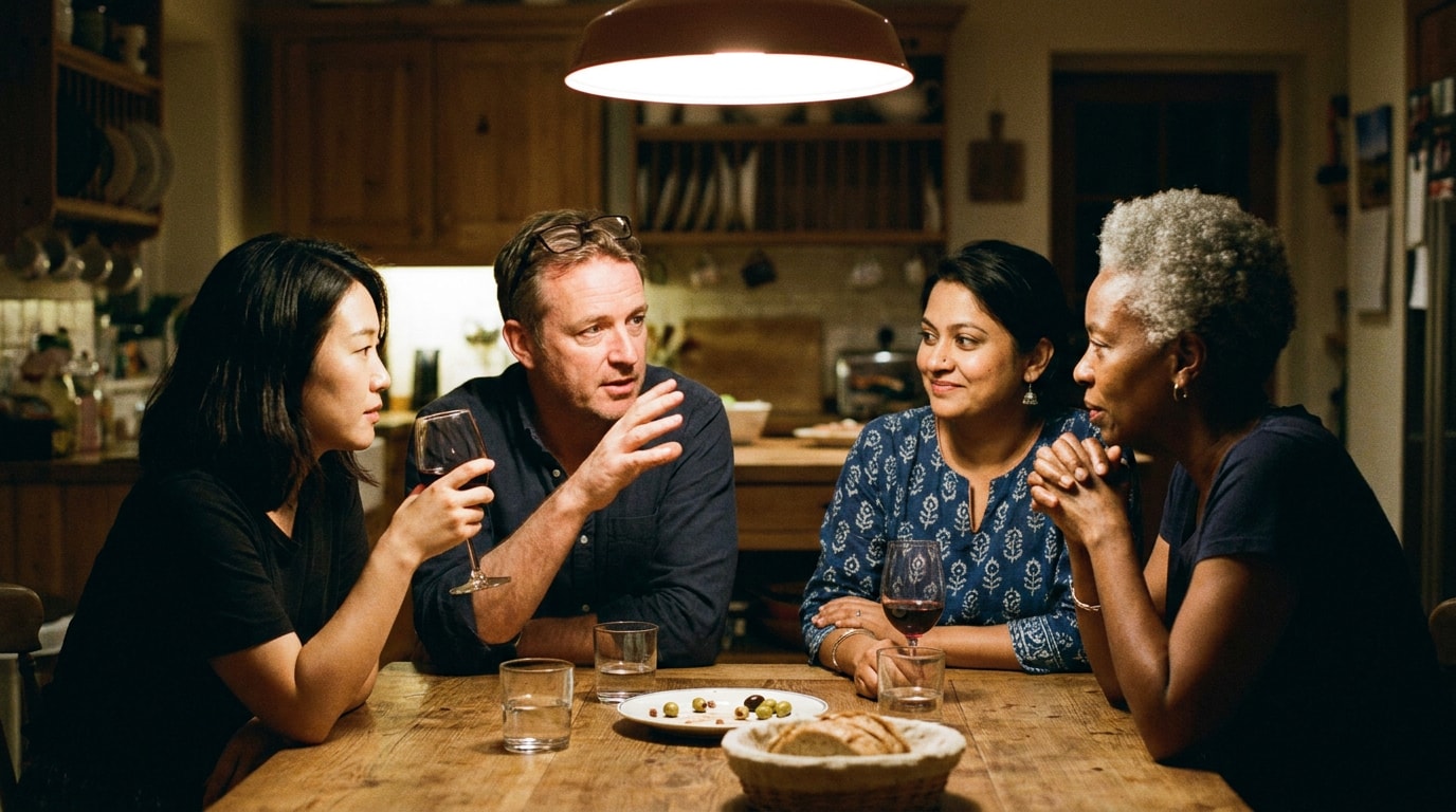 A small group of four adults around a kitchen table in earnest evening conversation, one speaking with a hand raised, others listening, in the spirit of an FT Magazine portrait