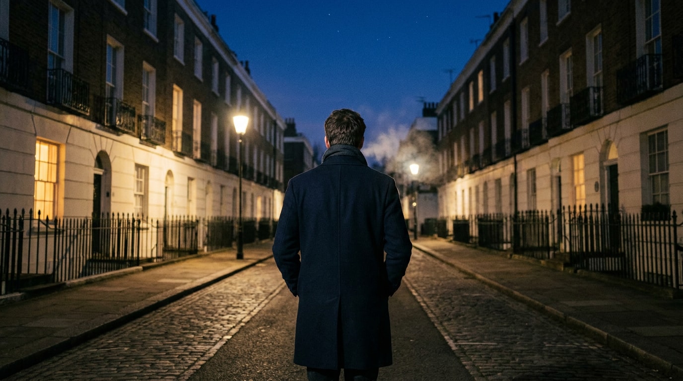 A solitary night walk under a clear winter sky on a quiet residential street, single figure mid-stride seen from behind, breath visible in cold air, in the spirit of an Aeon essay photograph