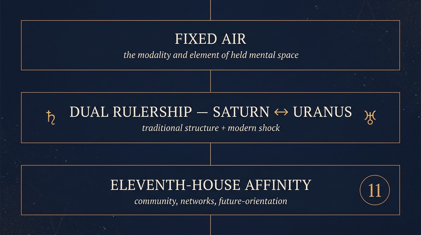 A clean editorial infographic of three structural panels arranged vertically — "Fixed Air", "Dual Rulership Saturn ↔ Uranus", "Eleventh-House Affinity" — each labelled with a one-line descriptor, on a deep navy background with the WowAstro typography