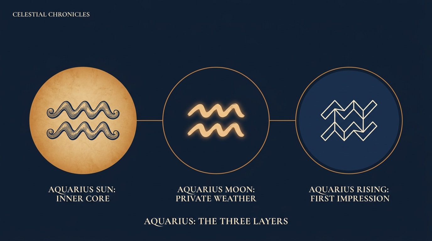 Editorial infographic showing three labelled circles arranged in a row — "Aquarius Sun: inner core", "Aquarius Moon: private weather", "Aquarius Rising: first impression" — with the Aquarius glyph repeated in three different stylings on a deep navy background