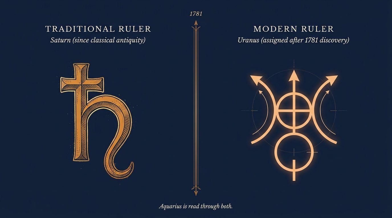 Editorial infographic split into two panels — left panel labelled "Traditional ruler: Saturn (since classical antiquity)", right panel labelled "Modern ruler: Uranus (assigned after 1781 discovery)" — each panel with the planet's astrological glyph on a deep navy background