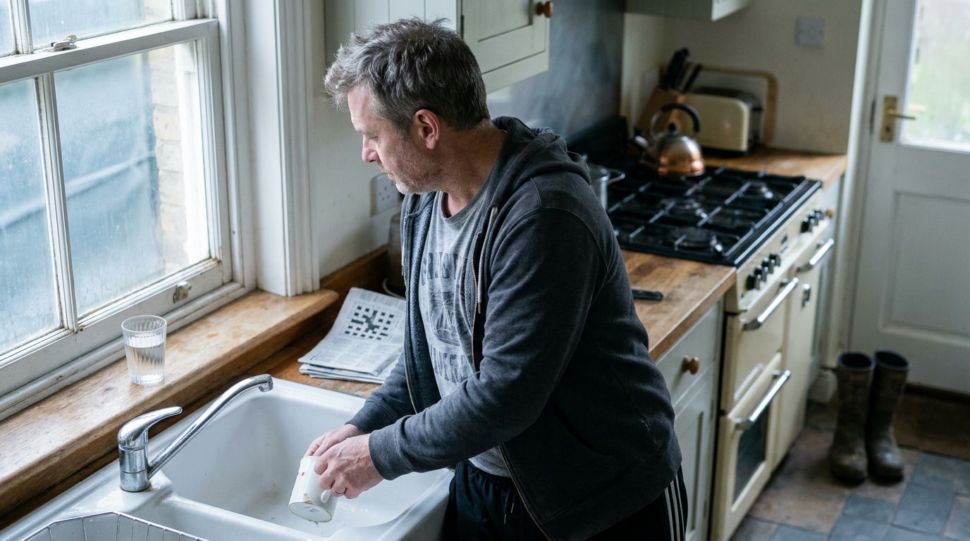 A 52-year-old White British man in kitchen morning after night shift, wearing old t-shirt, standing at sink rinsing mug, soft natural editorial lighting