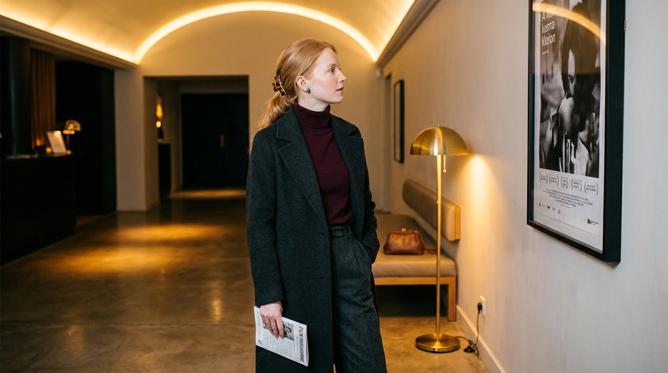 A 27-year-old White British woman in art-house cinema lobby, wearing wool coat, waiting alone, looking at poster, soft natural editorial lighting