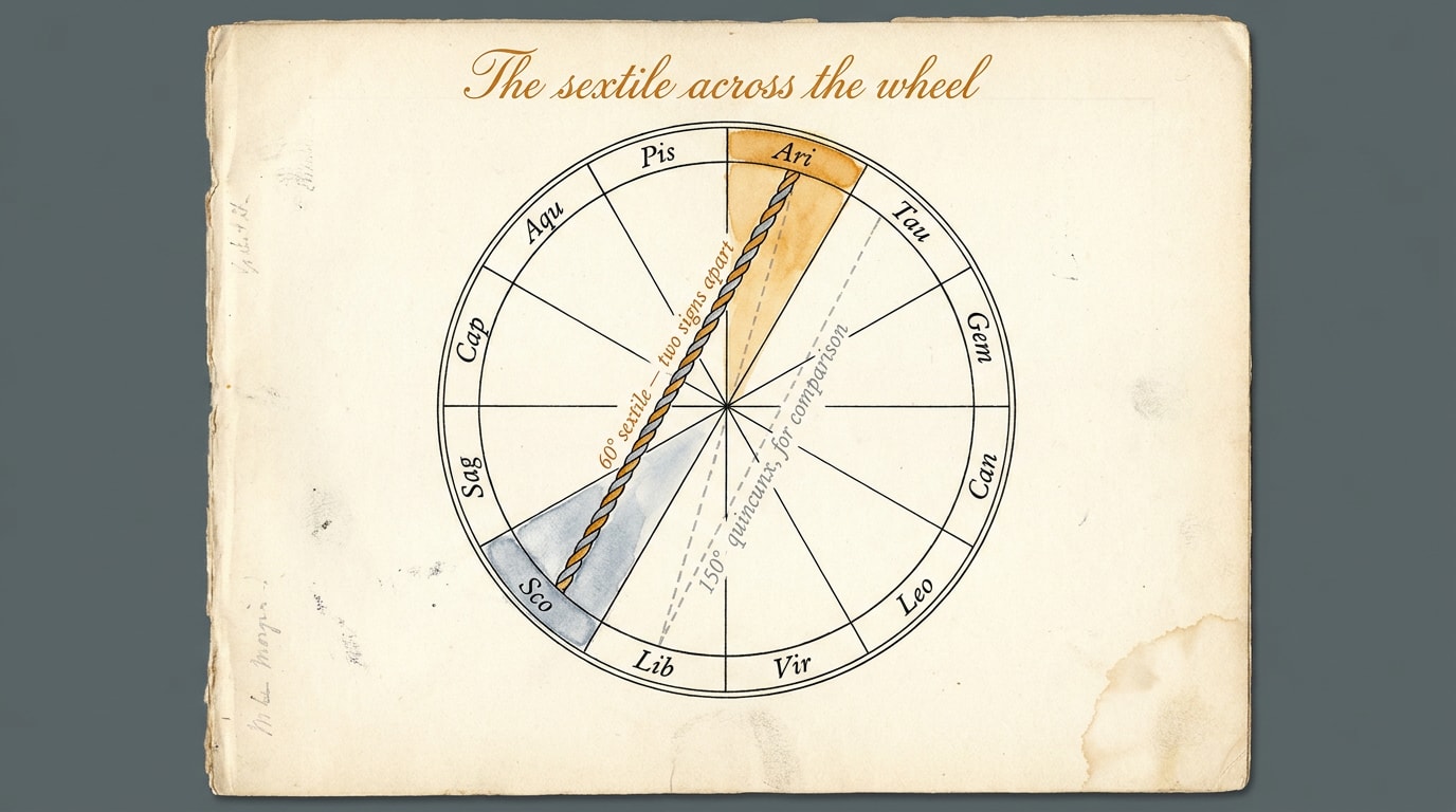 A vintage scientific astrology diagram engraved on aged cream paper showing a zodiac wheel with the Aries segment highlighted in warm amber and the Aquarius segment highlighted in cool silver-blue, a thick black ink chord connecting them across the wheel labelled "60° sextile, two signs apart", and a fainter dashed grey line for Aries to Scorpio marked "150° quincunx for comparison"