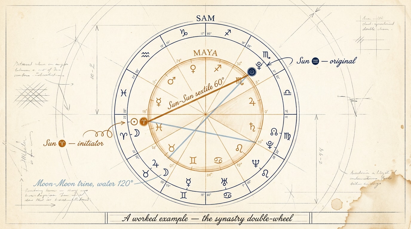 A hand-drafted architectural blueprint of a synastry double-wheel, drawn in pencil and ink on aged ivory paper, showing Maya's inner amber-pencil wheel with Sun in Aries highlighted, and Sam's outer navy-pencil wheel with Sun in Aquarius highlighted, connected by a thick warm amber chord labelled in cursive "Sun-Sun sextile 60°", and a thinner soft water-blue chord between Moon in Pisces (inner) and Moon in Scorpio (outer) labelled in cursive "Moon-Moon trine, water 120°"