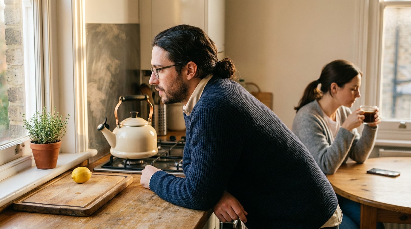 A man in a navy jumper leaning on a shared-house worktop waiting for the kettle while a second person sits at the pine kitchen table holding a mug, late-afternoon light from a sash window