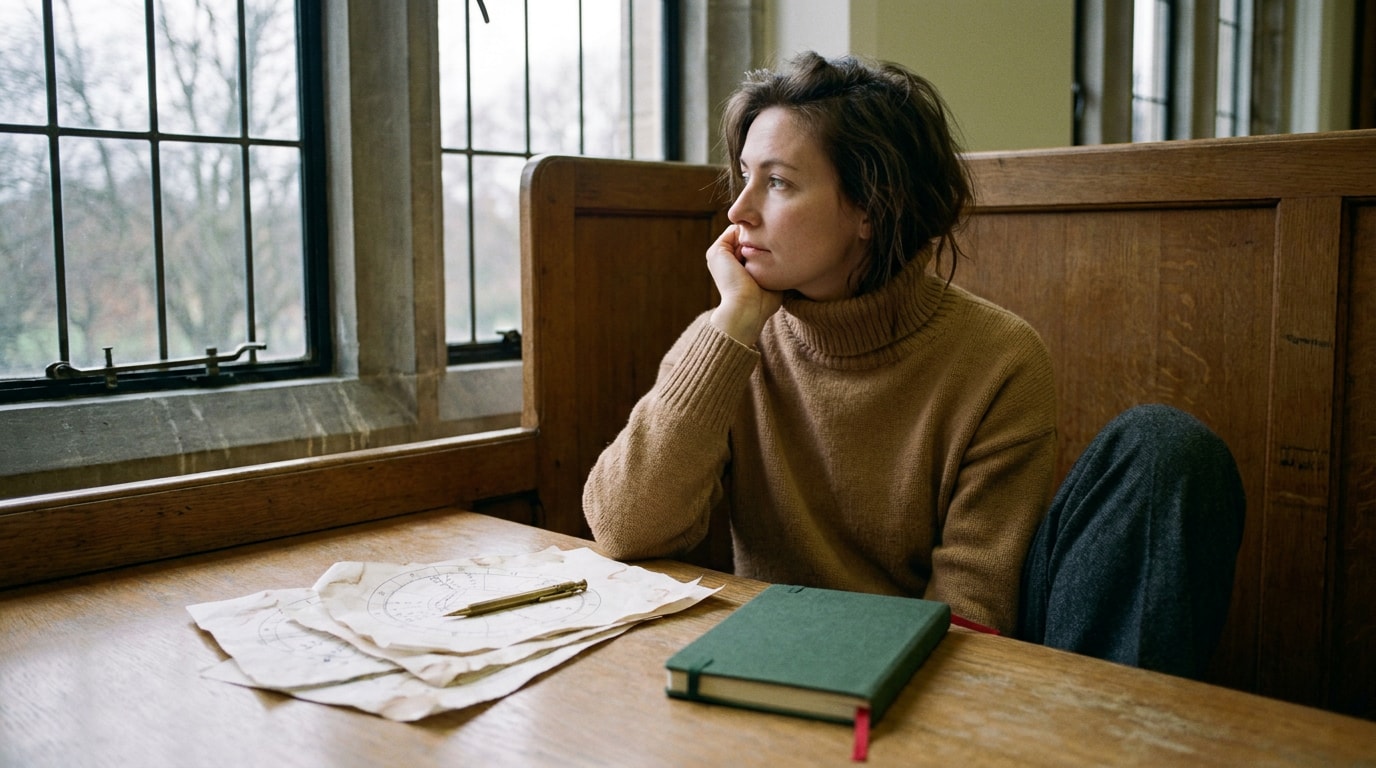 Woman in a cream rollneck at a university library carrel by an arched window, finger on a line of a printed page, two stapled birth-chart printouts beside an open notebook, gaze gone soft toward the window