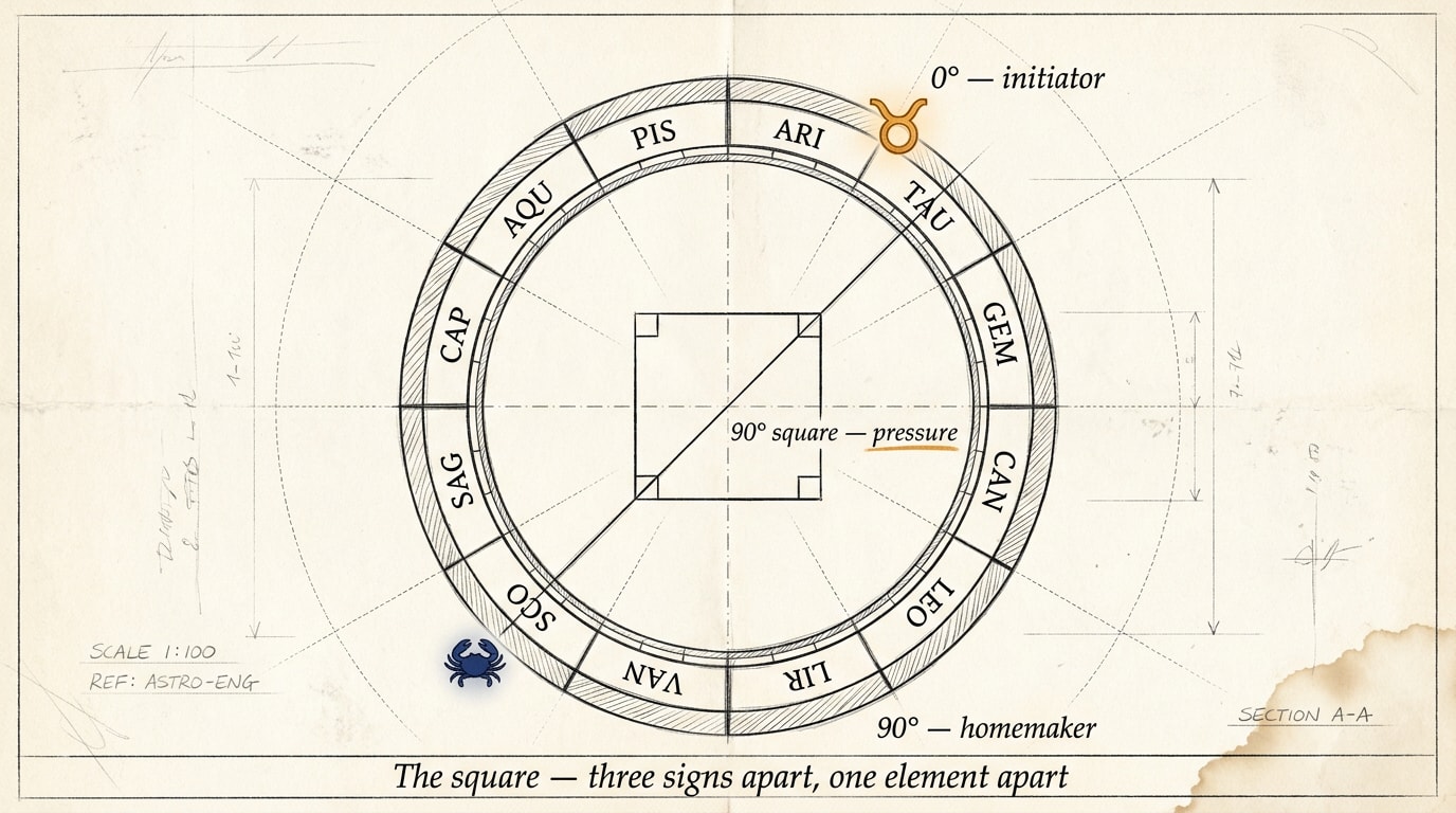 Hand-sketched architectural blueprint on aged ivory paper: pen-drawn zodiac wheel with Aries at 0° and Cancer at 90°, a clean line connecting them through the centre, a right-angle square marker where they meet, handwritten margin annotation "90° square" and one amber underline beneath the word "pressure"
