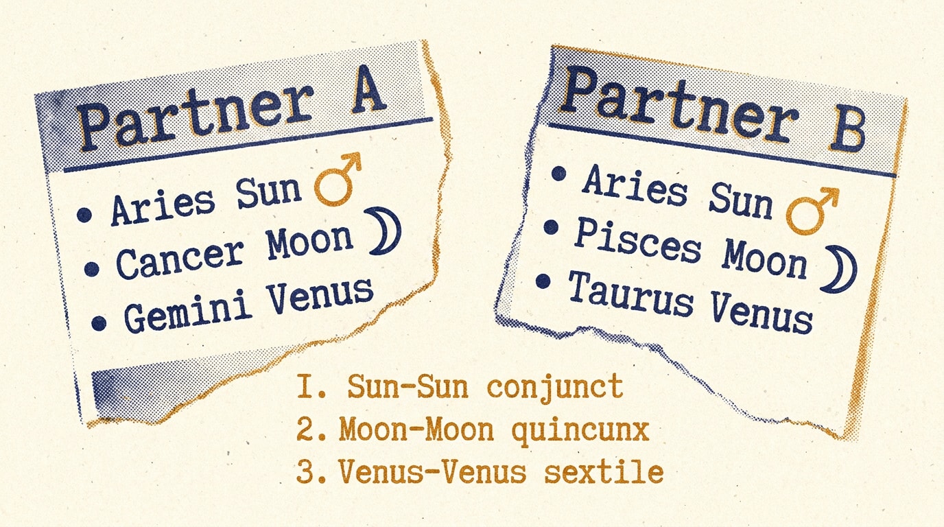 Editorial collage in New Yorker style with torn paper edges: oversized italic serif quote "One pair, five layers" on a torn navy block, two scissor-cut overlapping discs (amber Partner A, cream Partner B) labelled with Sun, Moon, Venus, Mars, Rising placements, and three hand-drawn ink rules annotated "square 90°", "trine 120°", "semi-sextile 30°"