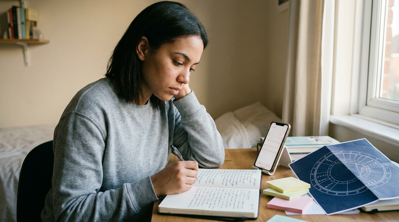 A young androgynous person of mixed heritage in a soft grey hoodie at a bedroom desk in warm evening lamplight, an open paper journal on the left with a hand-sketched trip itinerary, a phone propped on the right showing the same trip in a structured shared calendar, pen paused mid-thought between the two