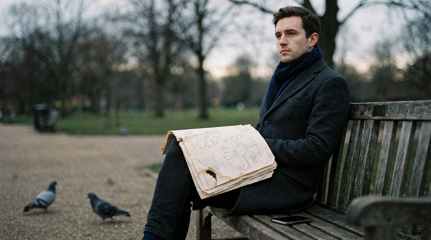 A White British man in his late twenties on a wooden bench in an urban park in late-afternoon amber light, olive utility jacket, phone face-down beside him next to two folded printed birth charts, hands clasped, watching pigeons on the path with a quietly considering expression