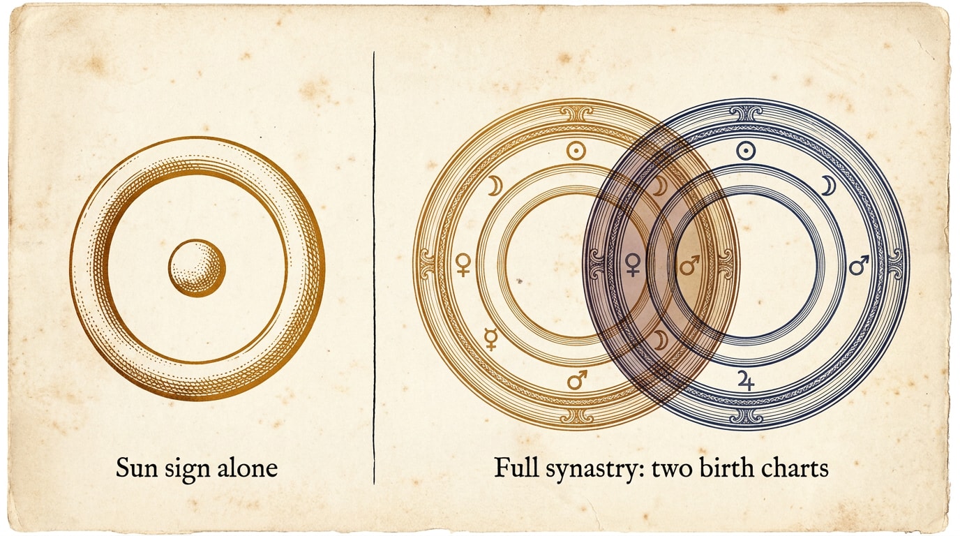 Vintage scientific textbook engraving in black ink on cream paper showing a single labelled sun cross-section marked "I — one placement" on the left, and on the right two overlapping ring-charts inscribed with Roman-numeral tick marks I–X for ten planetary placements each, captioned in copperplate "What you're actually comparing"