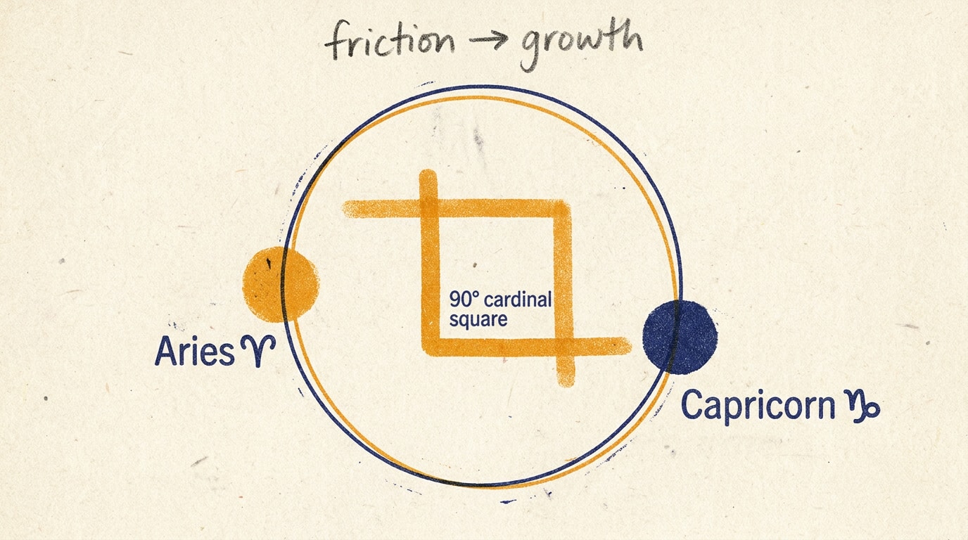 Risograph zine-style infographic in navy, amber and cream with visible paper grain and off-register ink layers, showing a rough cream circle with Aries marked as an amber dot at 9 o'clock and Capricorn as a navy dot at 6 o'clock, joined by a heavy amber right-angle bracket stamped "90°", with bold sans-serif caption "ARIES 0° → CAPRICORN 270° / SAME DRIVE / DIFFERENT METHOD"
