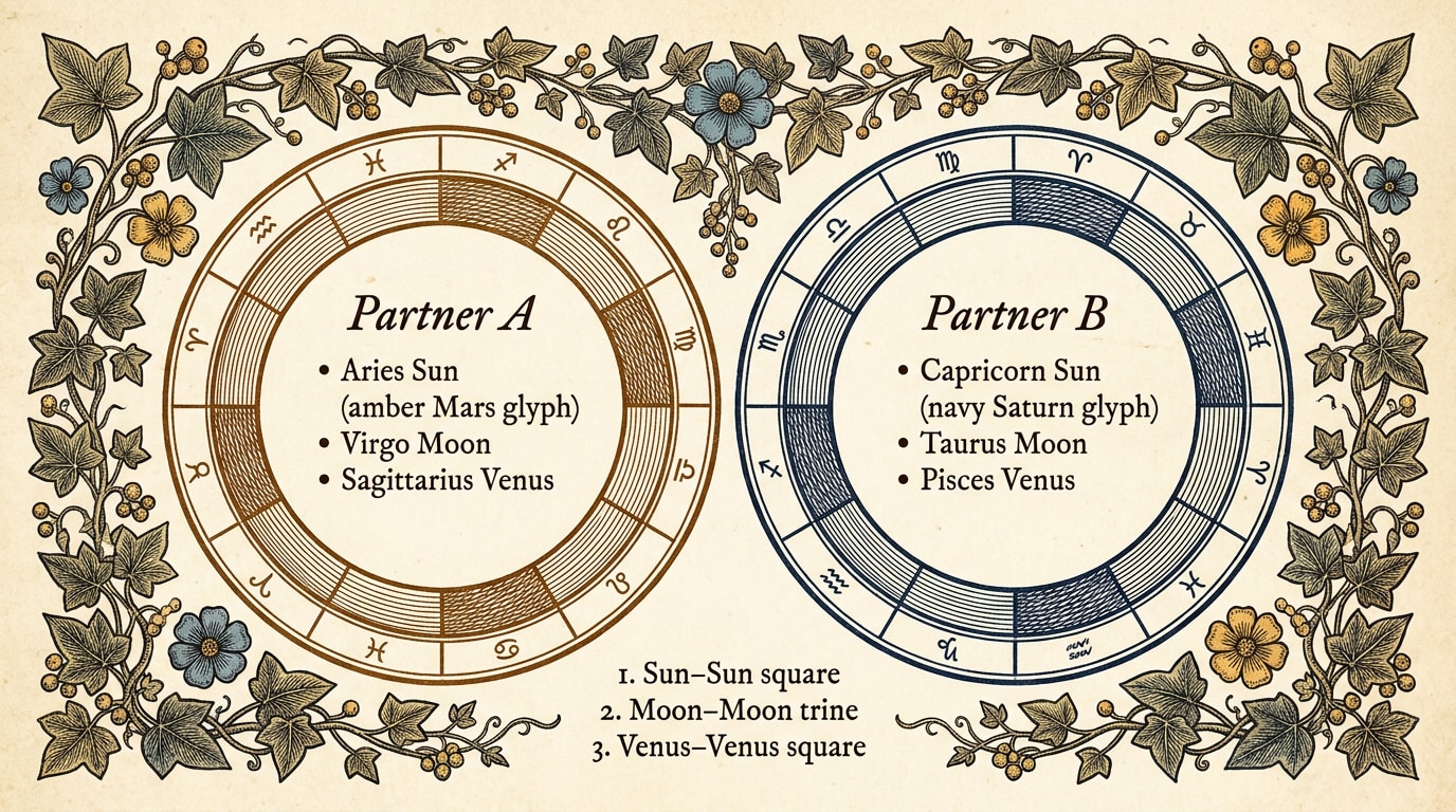 Audubon-style botanical watercolour illustration on aged cream paper, painted as two concentric ring-vines: an inner amber-washed ring labelled in copperplate "Partner A" carrying organic ink-drawn emblems for Sun in Aries, Moon in Pisces, Venus in Taurus, Mars in Aries, Rising in Sagittarius, and an outer navy-washed ring labelled "Partner B" carrying the same emblems for Capricorn, Taurus, Sagittarius, Scorpio, Virgo, joined by calligraphic strokes labelled "sextile", "square 90°" and "quincunx 150°"