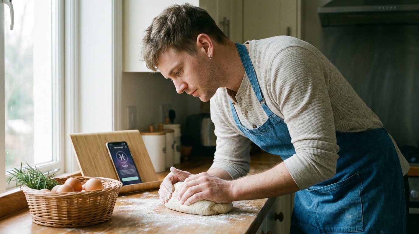 A White British man in his early thirties at a wooden kitchen counter on a Sunday morning, floured hands resting on a mound of bread dough, glancing down at a phone on the counter showing a generic horoscope app, warm natural window light, calm and observational in the spirit of a Guardian feature