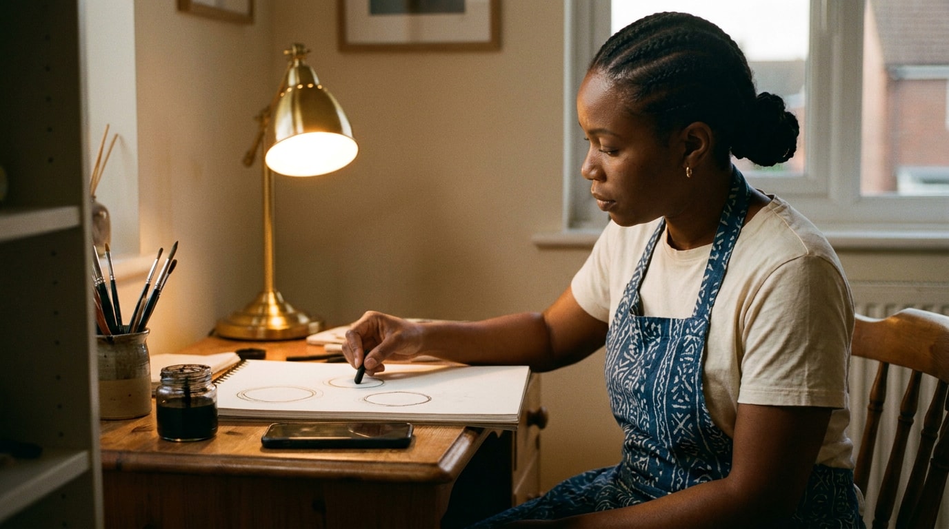 A Black British woman of West African heritage in her mid thirties at the side desk of her art studio in soft evening light, wearing a paint-streaked linen apron over a navy jumper, sketching overlapping circles in charcoal under a warm brass lamp, phone dark and forgotten on the desk, in the spirit of an Aeon essay photograph