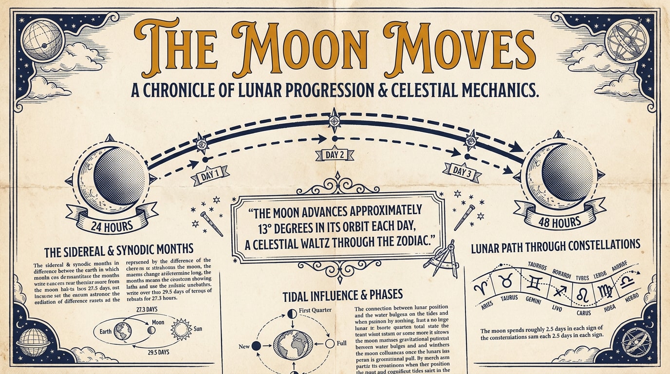 A vintage broadsheet newspaper-style infographic on warm cream paper, oversized gold serif masthead "The Moon Moves", a line-engraving diagram of two crescent moons on a horizontal arc labelled in italic serif "24 hours" and "48 hours", dense black serif body columns with a drop-cap and a pull-quote "About thirteen degrees a day — a new sign every two and a half"