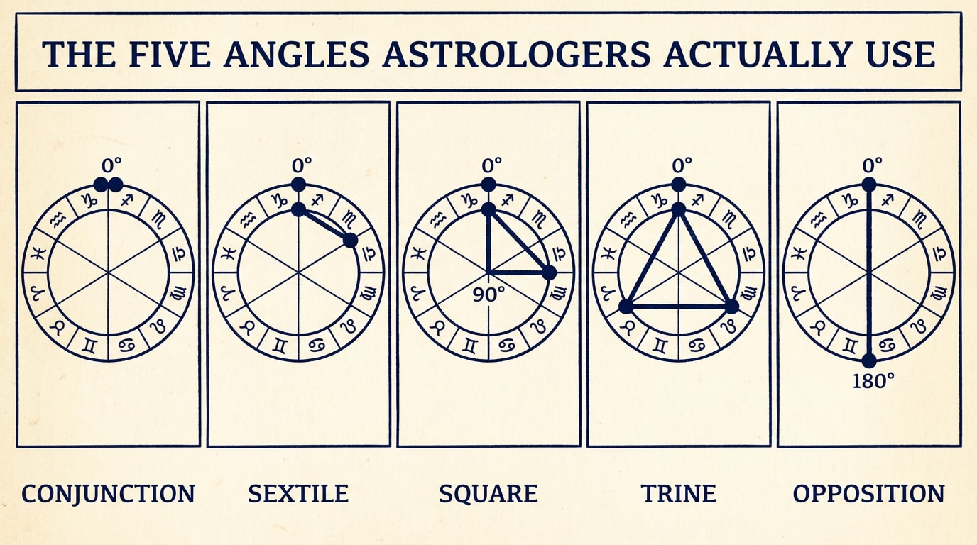 A five-frame hand-drawn comic strip in NYT op-ed graphic-essay register on cream paper, each panel showing the same small empty zodiac circle with two ink dots and one gold chord at a different angle — conjunction 0°, sextile 60°, square 90°, trine 120°, opposition 180° — handwritten serif captions beneath each frame and a hand-lettered navy title above reading "The five angles astrologers actually use"