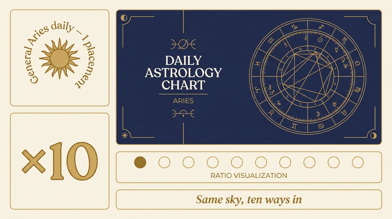 A NotebookLM-style bento-grid infographic on cream paper, five packed panels with gold connecting rules: a cream panel with a single gold Sun glyph labelled "General Aries daily — 1 placement", a large warm-navy accent panel showing a full astrological chart wheel in fine gold lines labelled "Your chart — 10 placements", a small panel with an oversized serif "×10", a ratio panel of one gold dot beside ten, and a narrow italic-serif strip reading "Same sky, ten ways in"