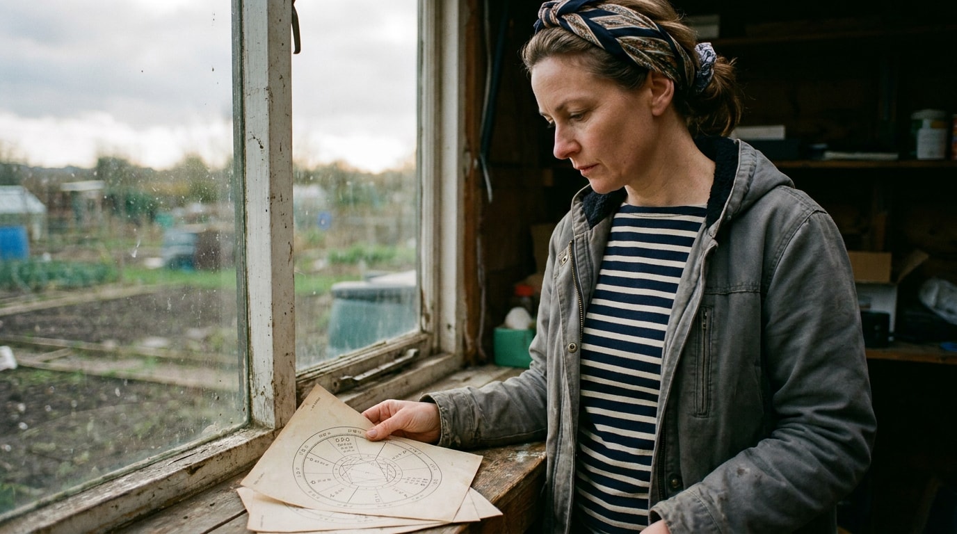 White British woman in her late thirties in her allotment shed, pausing at the window with seedling trays and two printed birth charts on the sill